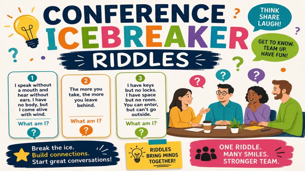Conference attendees enjoying riddle icebreakers