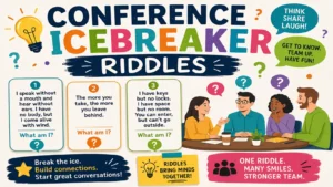 Conference attendees enjoying riddle icebreakers
