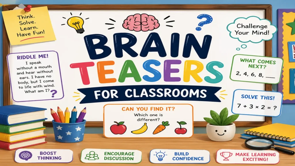 Students solving brain teasers together in a classroom.