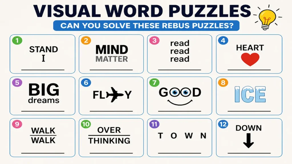 Colorful visual word puzzle cards on a table.