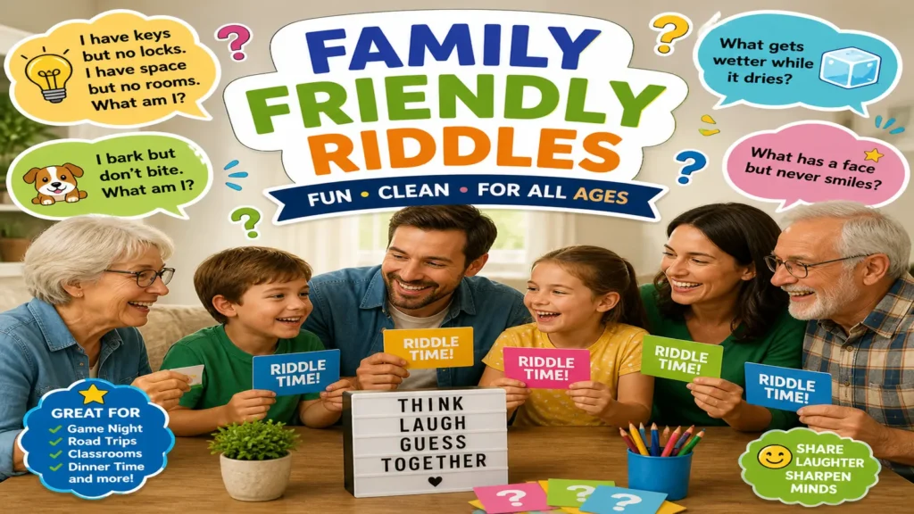 Family laughing together while playing with riddle cards.