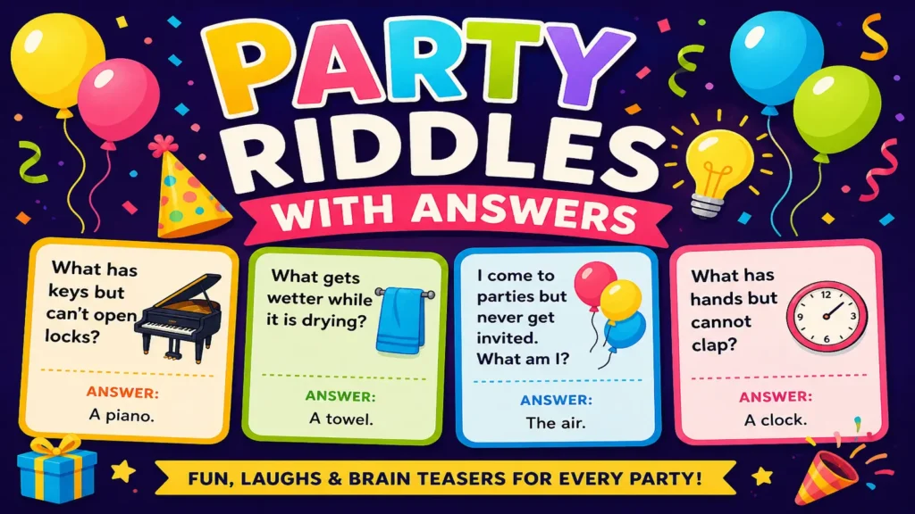 Friends and family solving party riddles together at a colorful celebration.