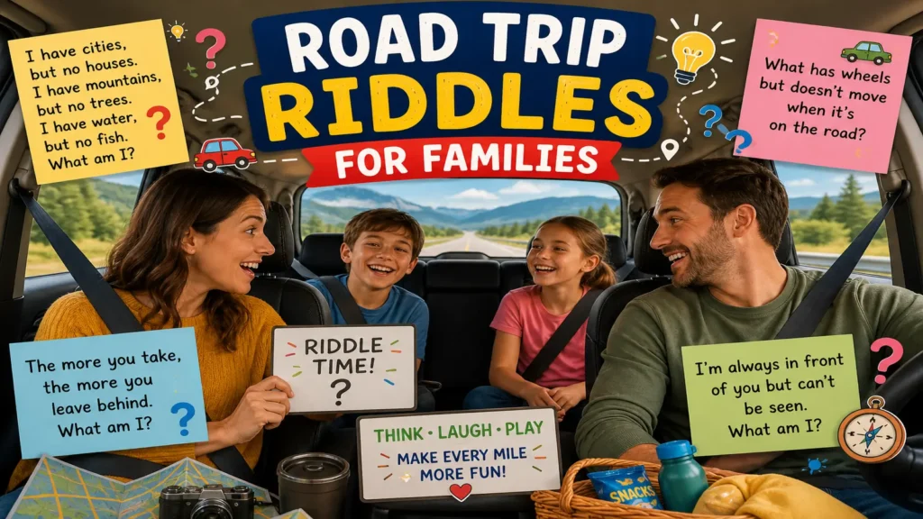 Family playing road trip riddles during a sunny car ride.