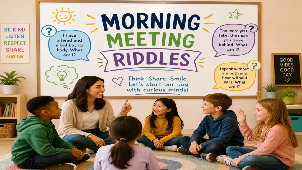 Group solving morning meeting riddles during interactive session