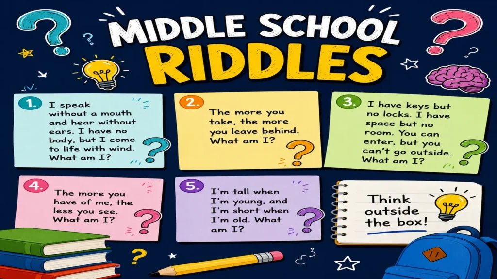 Colorful classroom scene featuring students solving fun middle school riddles on a whiteboard together.